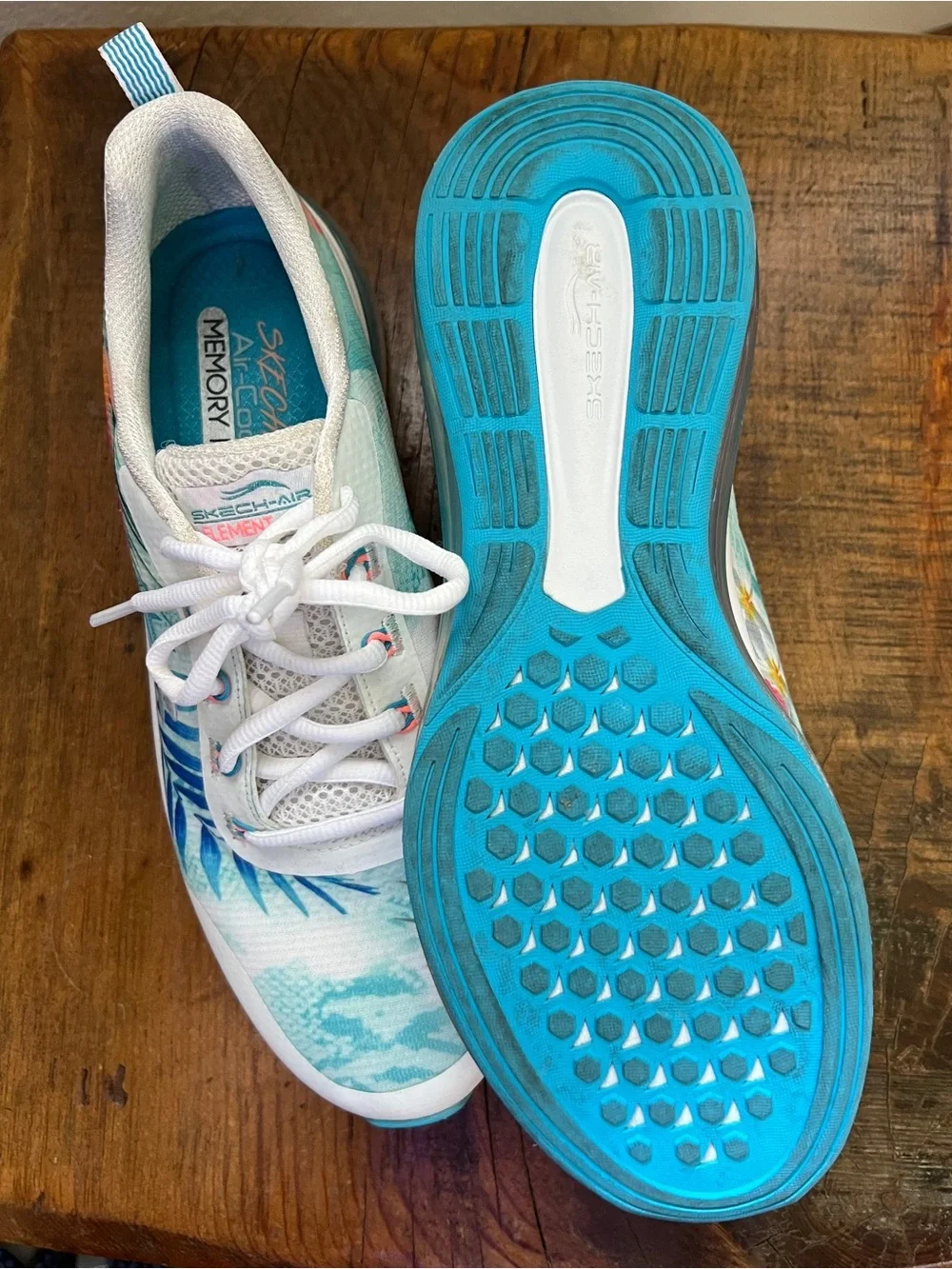 Skechers White Teal Pink Floral Memory Foam Sneakers